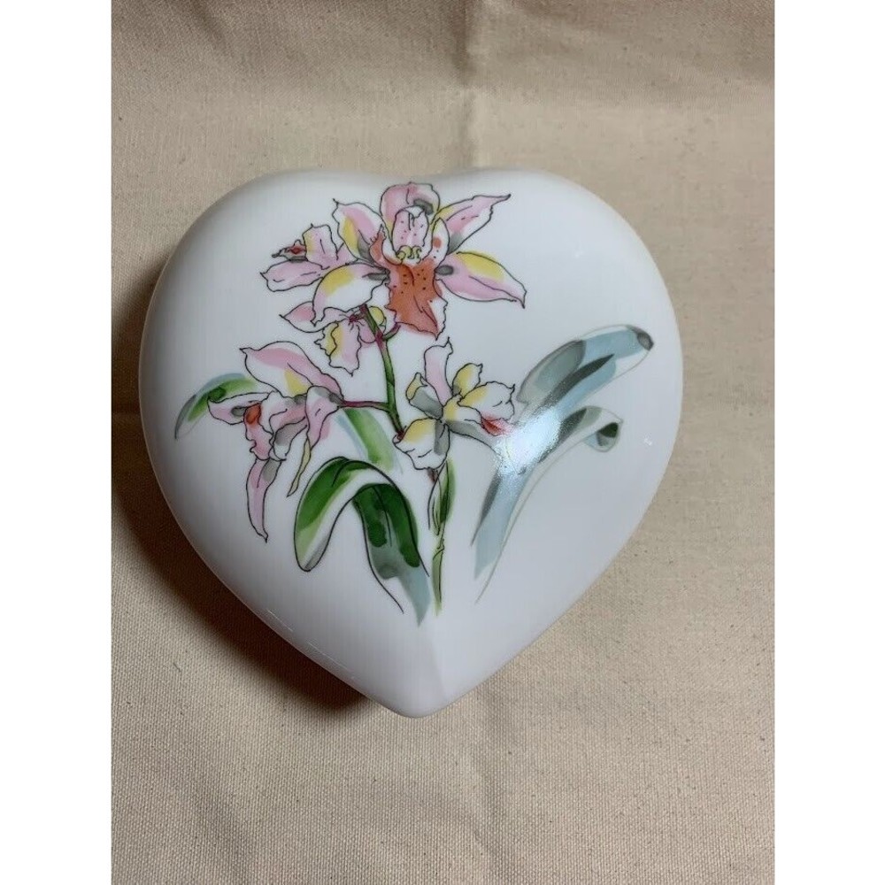 VTG Porcelain Heart Covered Box Pink Orchid Design Japanese Stamp Price Products